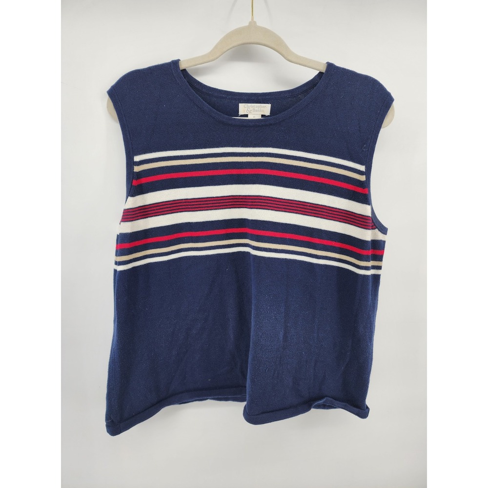 Christopher & Banks Womens XL Navy Blue Striped Cotton Knit Sweater Vest Tank